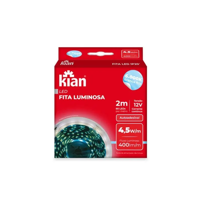 Fita Led 12V 2M 6K Branca Ip20 4,5W/M S/Fonte Kian