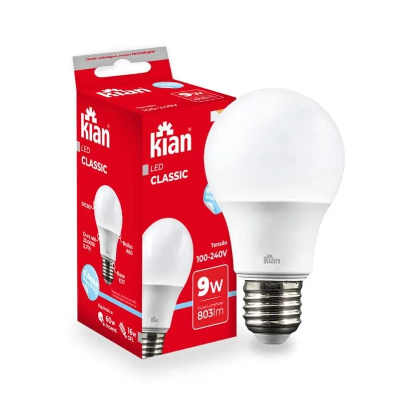 Lâmpada Led Bulbo A 9W 6,5K Bivolt E27 Branca Kian