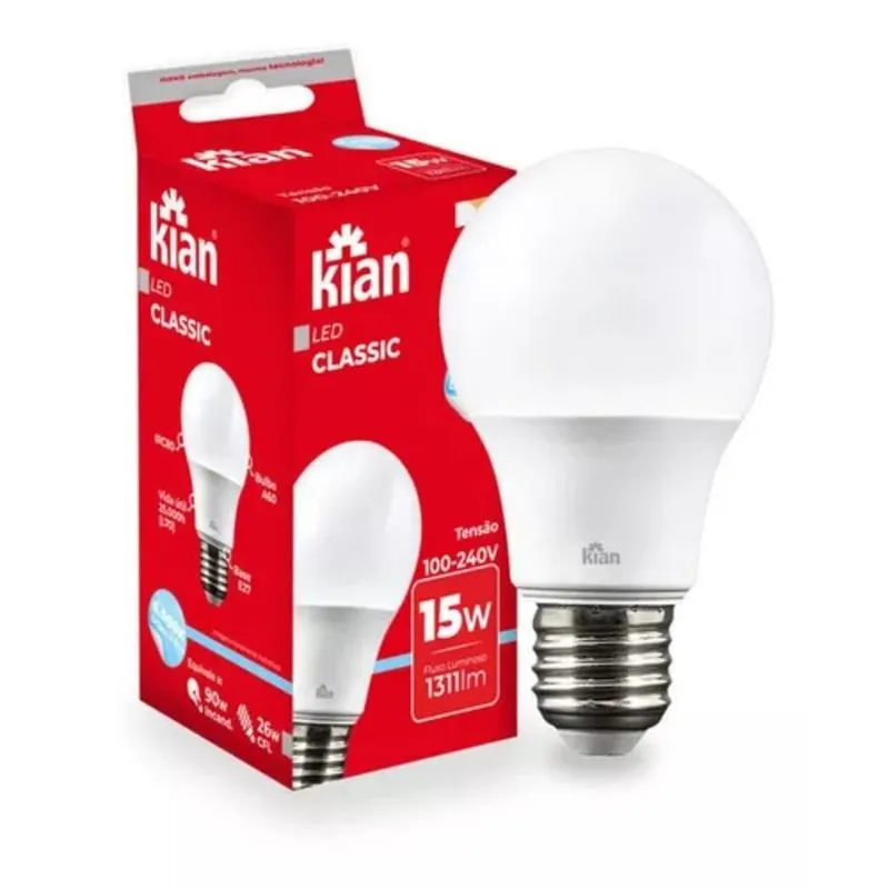 Lâmpada Led Bulbo A 15W 6,5K Branca Bivolt E27 Kian