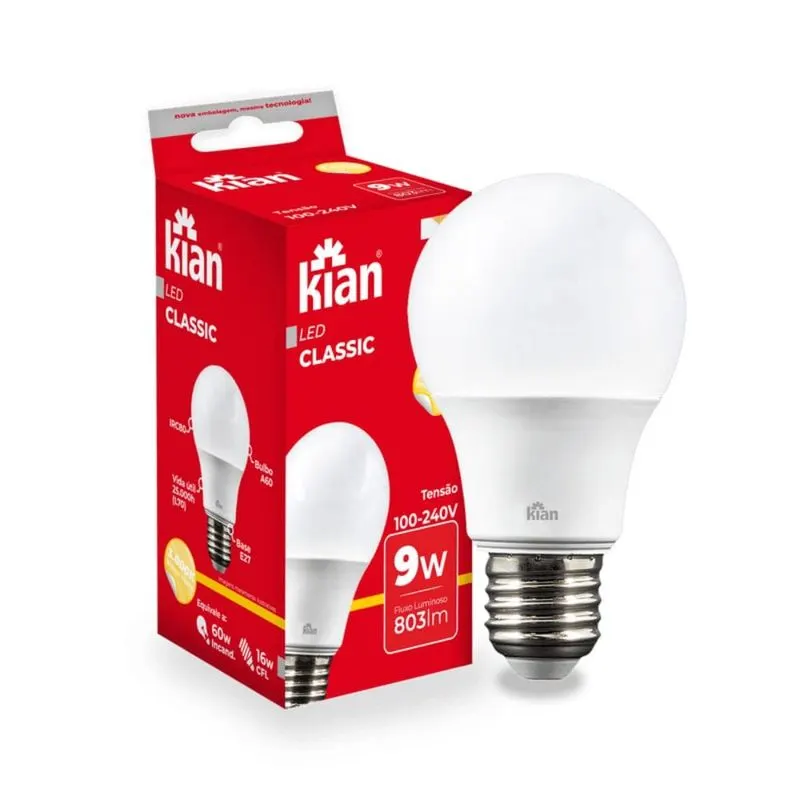 Lâmpada Led Bulbo 9W 3,0K Bivolt E27 Amarela Kian